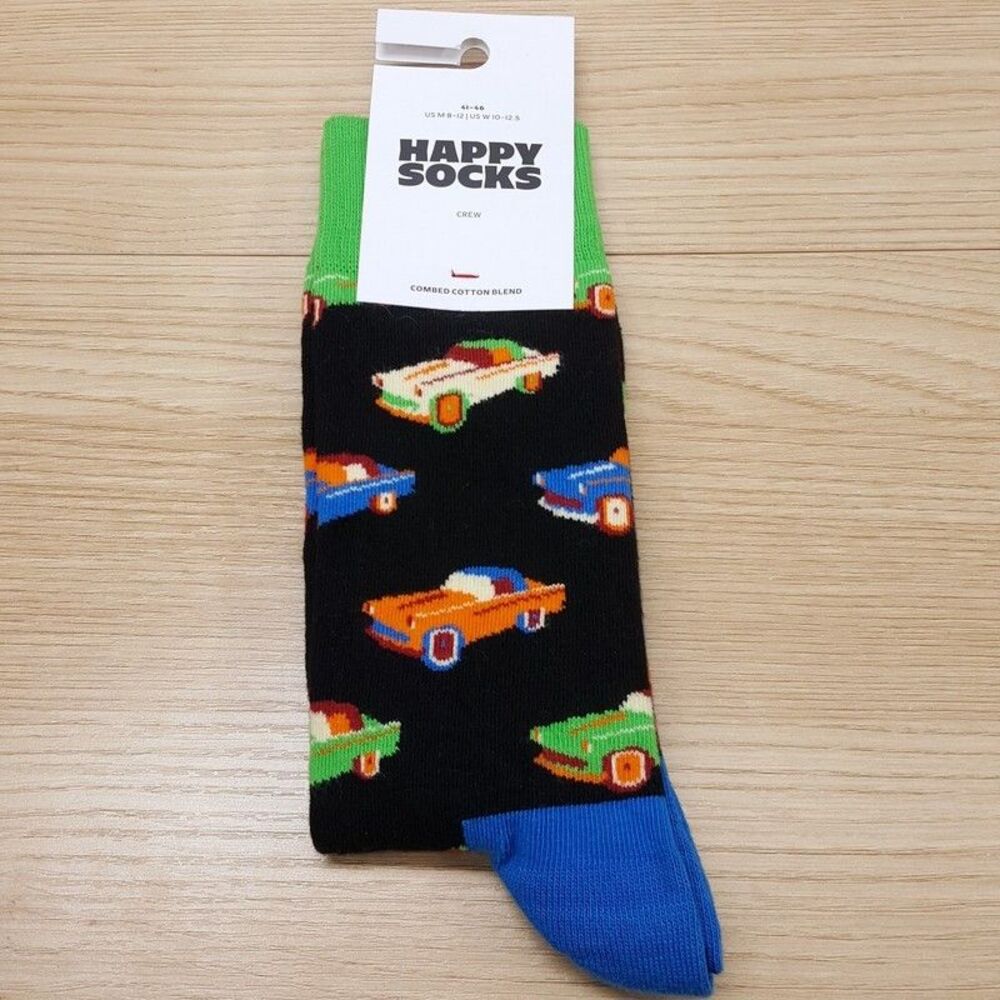 HAPPY SOCKS Crew Socks Black Vintage Classic Cars Combed Cotton M 8-12 W 10-12.5